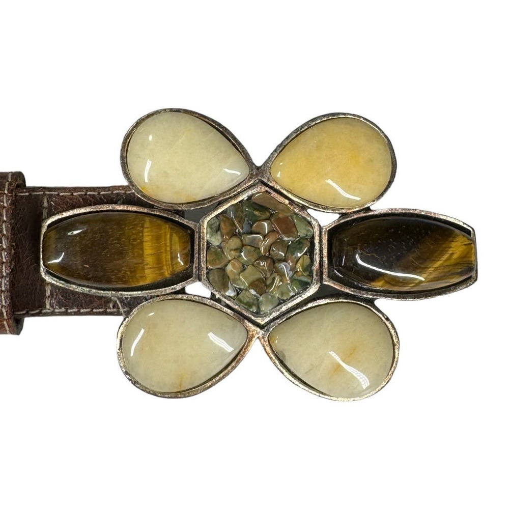 Leatherock Flower Stone Buckle Leather Belt 34 Brown Boho Western Embellished - Picture 3 of 6